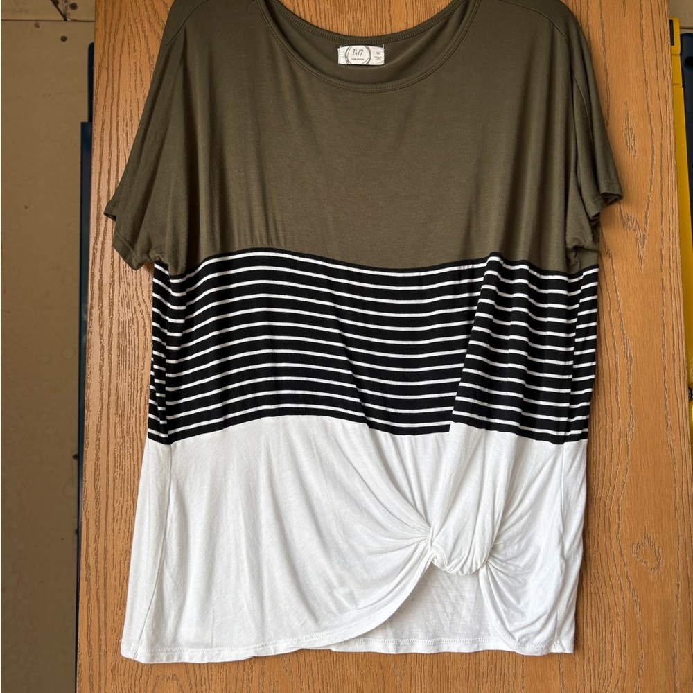Maurices Olive and White Striped Knot Front Tee